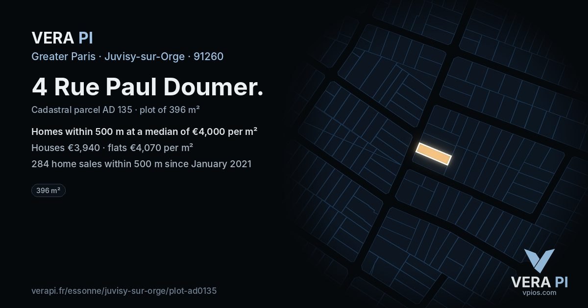 4 Rue Paul Doumer, Juvisy-sur-Orge at night – the plot lit, the parcels around coloured by the prices near them