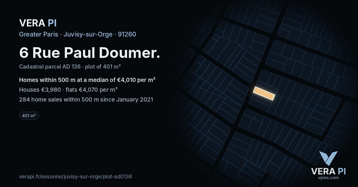 6 Rue Paul Doumer, Juvisy-sur-Orge at night – the plot lit, the parcels around coloured by the prices near them