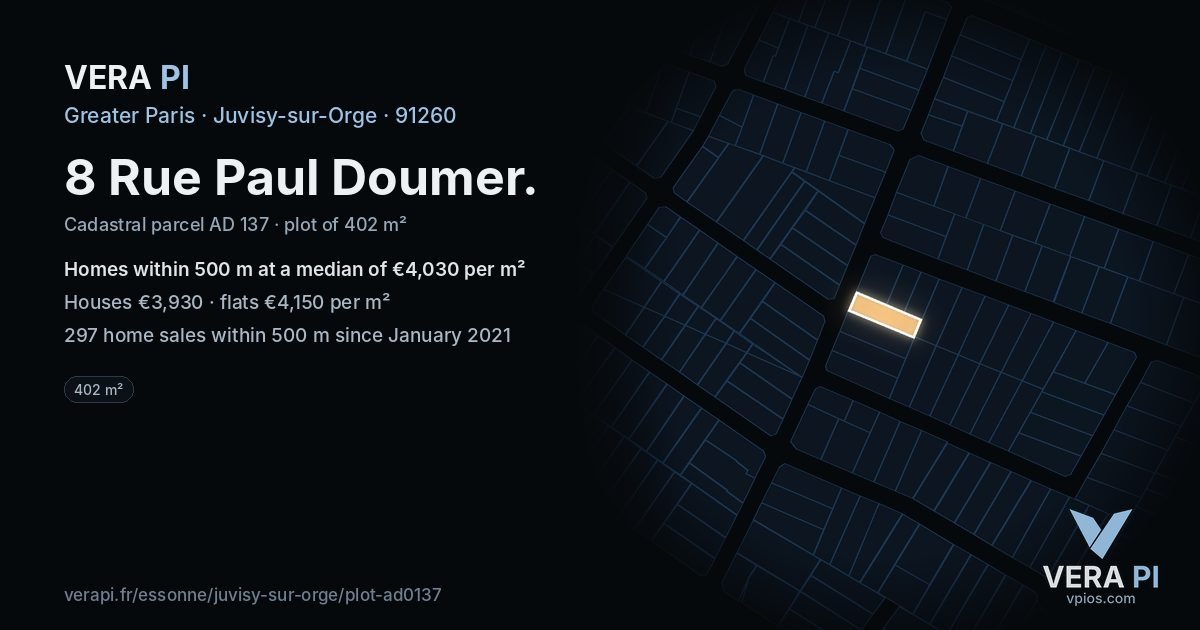 8 Rue Paul Doumer, Juvisy-sur-Orge at night – the plot lit, the parcels around coloured by the prices near them