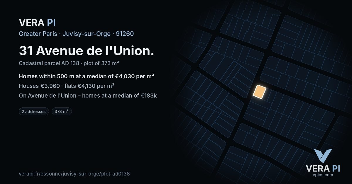 31 Avenue de l'Union, Juvisy-sur-Orge at night – the plot lit, the parcels around coloured by the prices near them