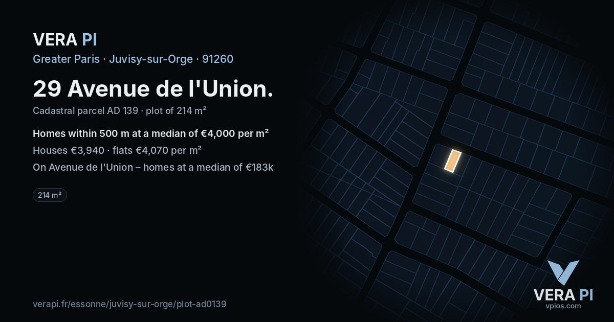 29 Avenue de l'Union, Juvisy-sur-Orge at night – the plot lit, the parcels around coloured by the prices near them