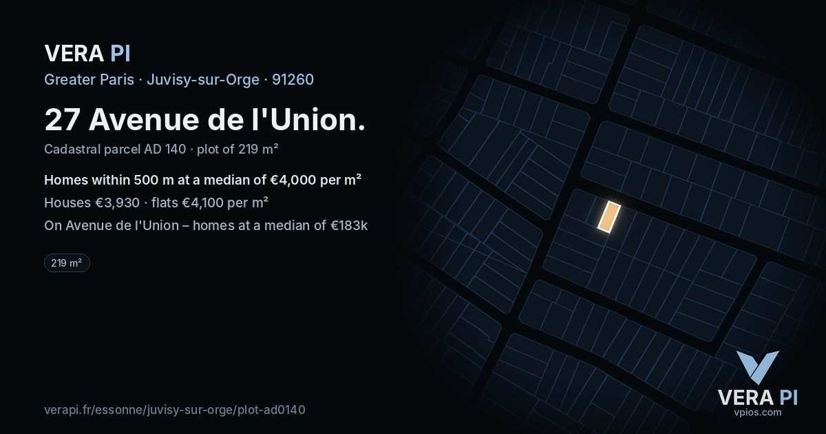 27 Avenue de l'Union, Juvisy-sur-Orge at night – the plot lit, the parcels around coloured by the prices near them
