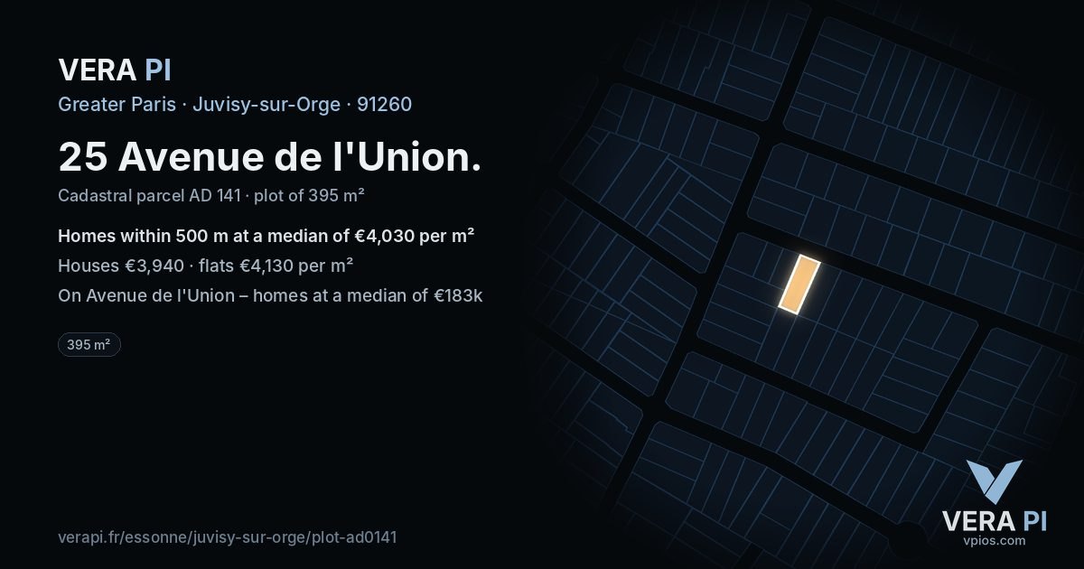 25 Avenue de l'Union, Juvisy-sur-Orge at night – the plot lit, the parcels around coloured by the prices near them