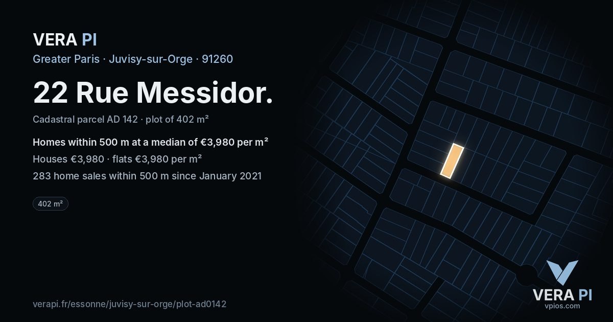 22 Rue Messidor, Juvisy-sur-Orge at night – the plot lit, the parcels around coloured by the prices near them