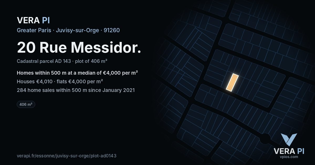 20 Rue Messidor, Juvisy-sur-Orge at night – the plot lit, the parcels around coloured by the prices near them