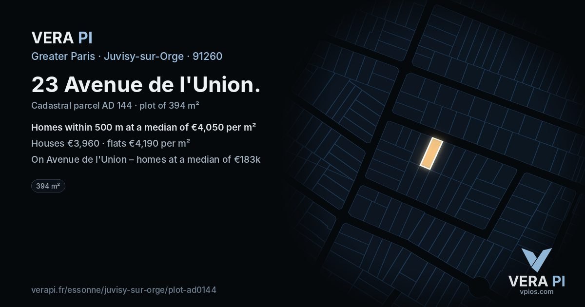 23 Avenue de l'Union, Juvisy-sur-Orge at night – the plot lit, the parcels around coloured by the prices near them