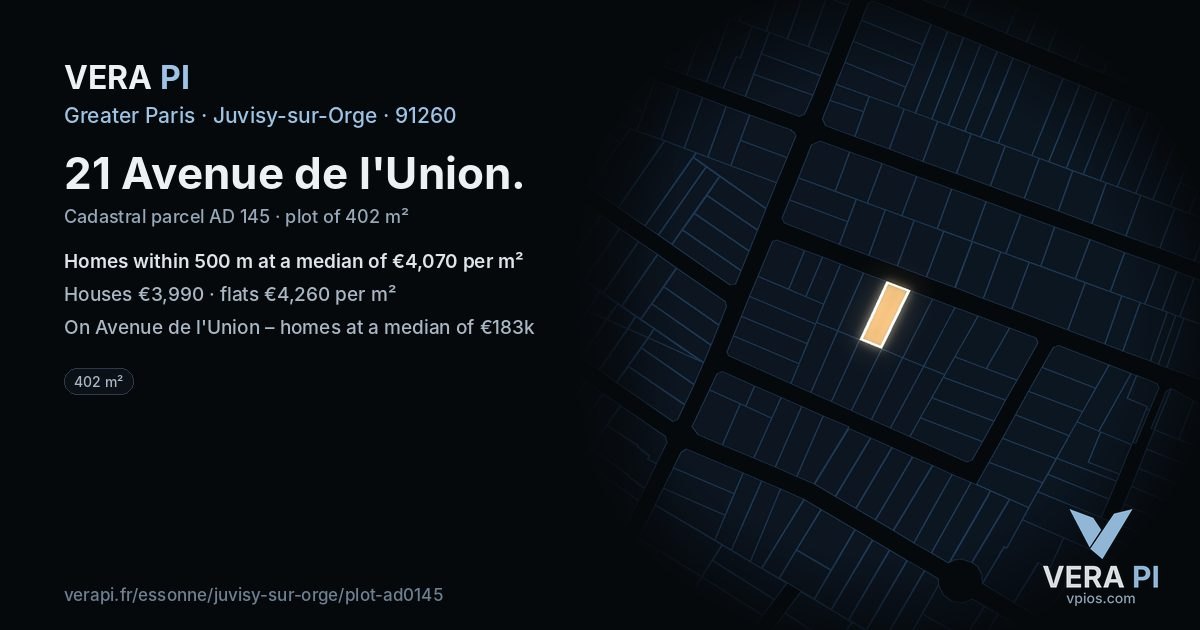 21 Avenue de l'Union, Juvisy-sur-Orge at night – the plot lit, the parcels around coloured by the prices near them
