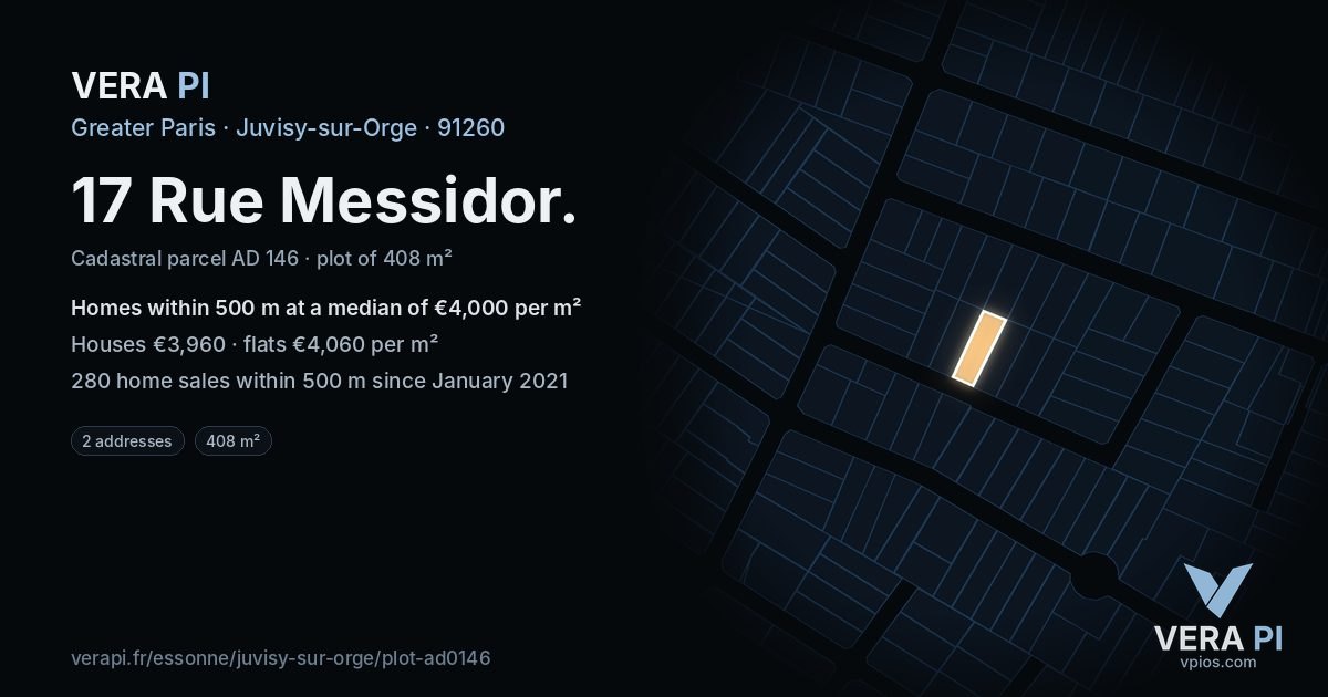 17 Rue Messidor, Juvisy-sur-Orge at night – the plot lit, the parcels around coloured by the prices near them