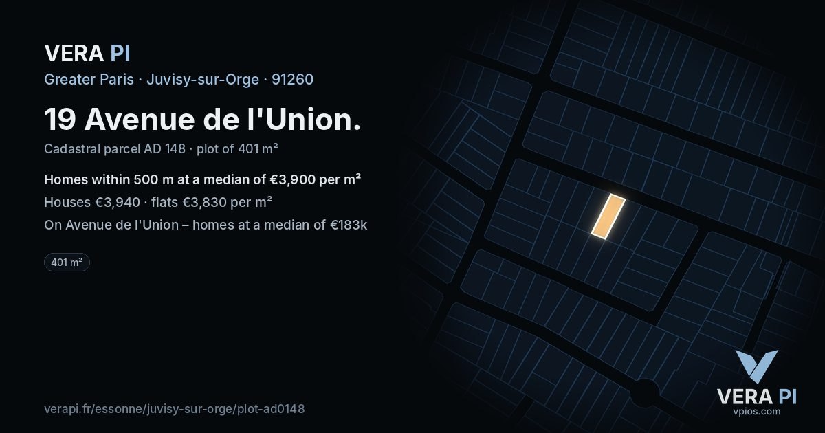 19 Avenue de l'Union, Juvisy-sur-Orge at night – the plot lit, the parcels around coloured by the prices near them