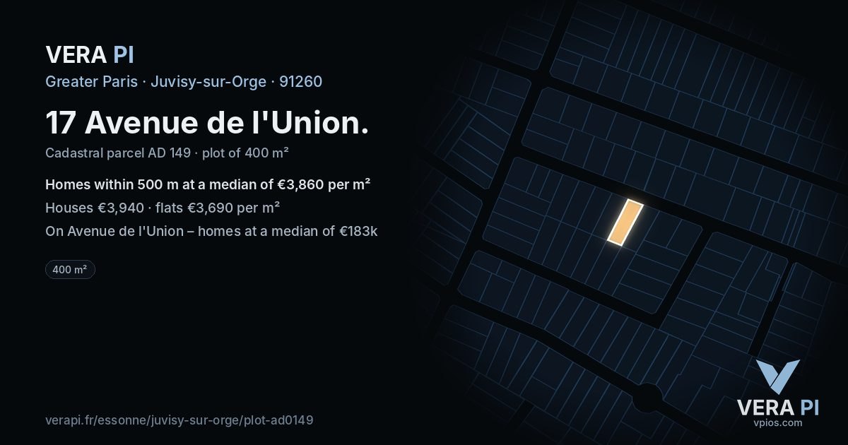 17 Avenue de l'Union, Juvisy-sur-Orge at night – the plot lit, the parcels around coloured by the prices near them