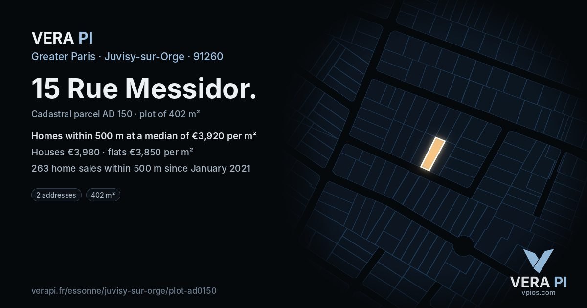 15 Rue Messidor, Juvisy-sur-Orge at night – the plot lit, the parcels around coloured by the prices near them