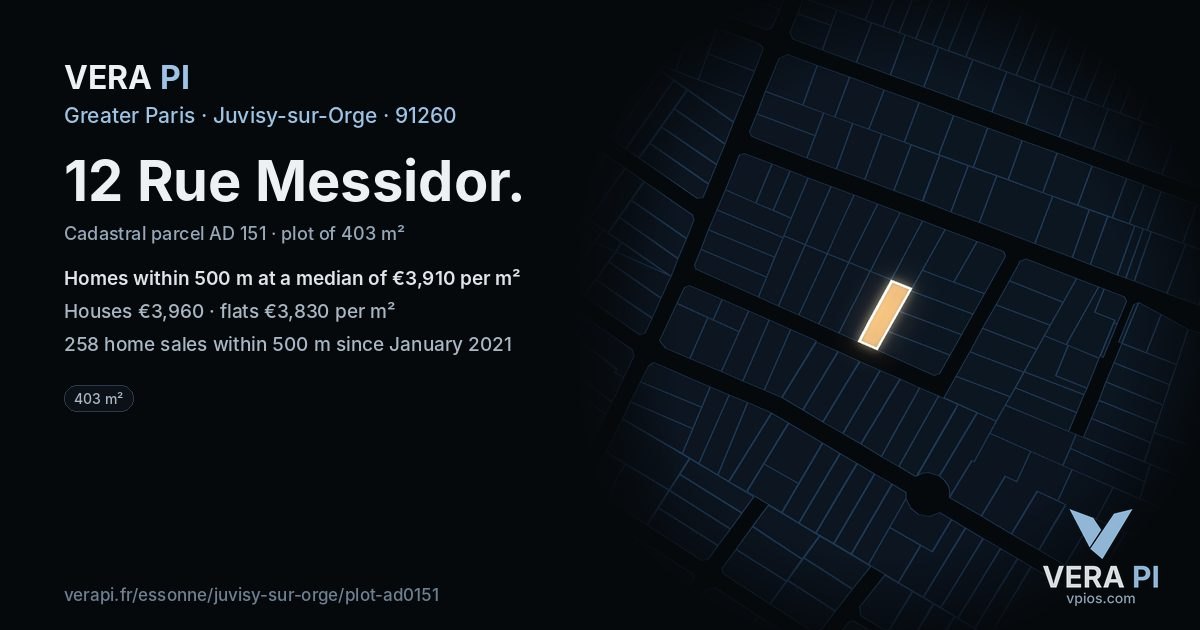12 Rue Messidor, Juvisy-sur-Orge at night – the plot lit, the parcels around coloured by the prices near them