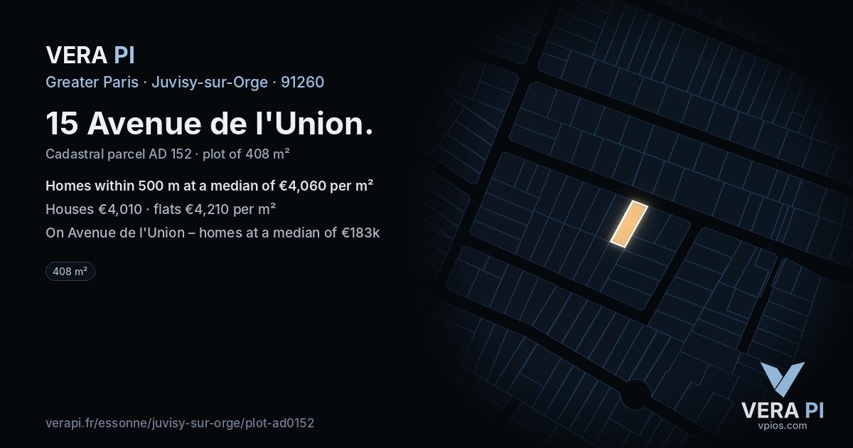 15 Avenue de l'Union, Juvisy-sur-Orge at night – the plot lit, the parcels around coloured by the prices near them