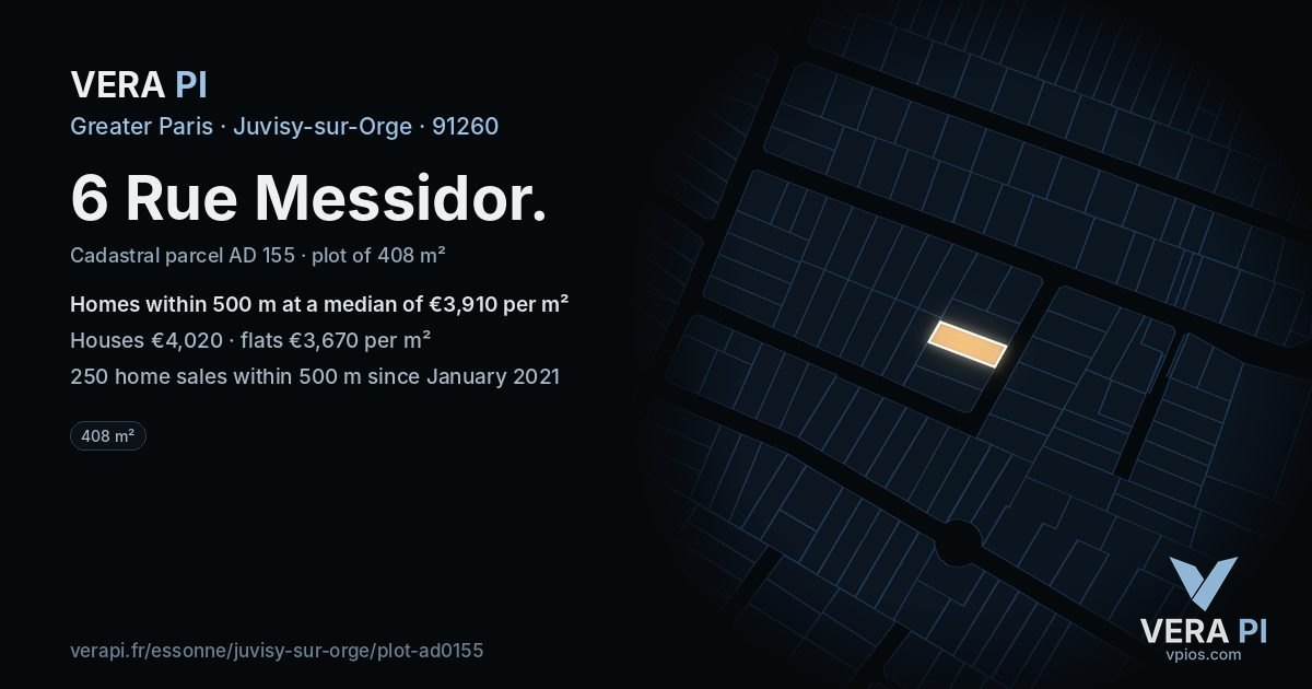 6 Rue Messidor, Juvisy-sur-Orge at night – the plot lit, the parcels around coloured by the prices near them