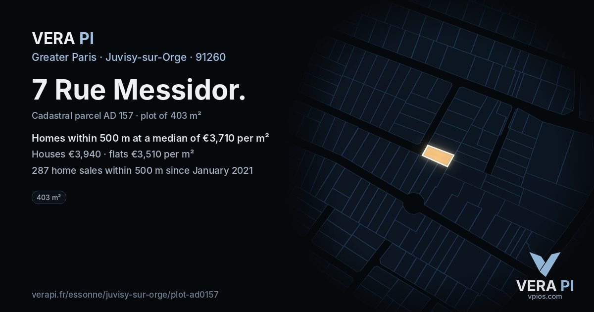 7 Rue Messidor, Juvisy-sur-Orge at night – the plot lit, the parcels around coloured by the prices near them