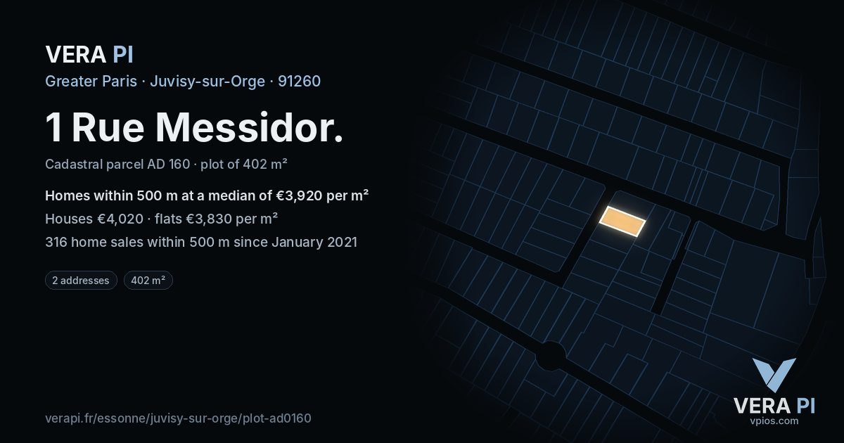 1 Rue Messidor, Juvisy-sur-Orge at night – the plot lit, the parcels around coloured by the prices near them