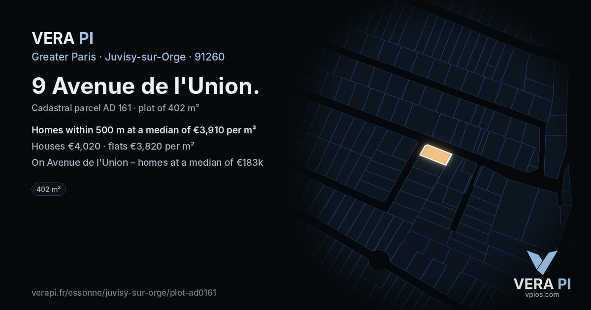 9 Avenue de l'Union, Juvisy-sur-Orge at night – the plot lit, the parcels around coloured by the prices near them