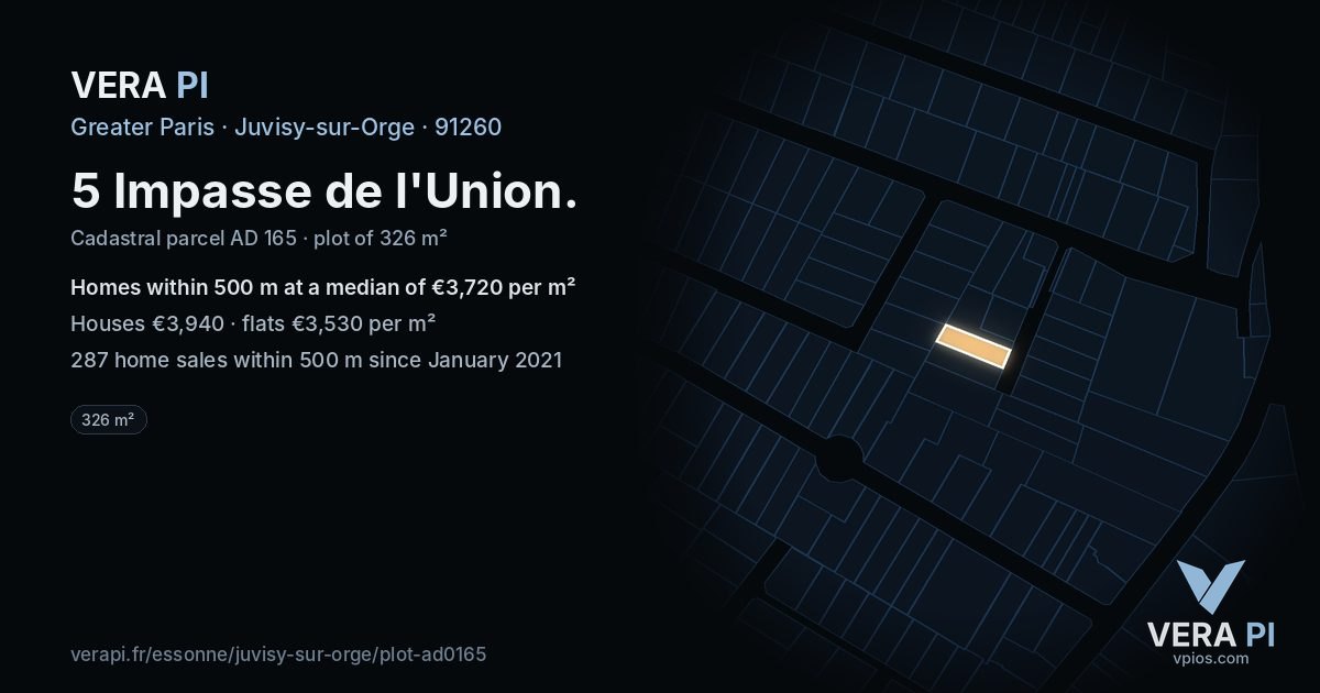 5 Impasse de l'Union, Juvisy-sur-Orge at night – the plot lit, the parcels around coloured by the prices near them