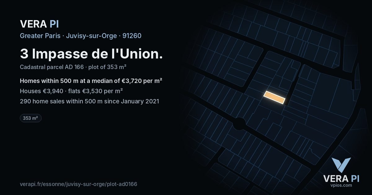 3 Impasse de l'Union, Juvisy-sur-Orge at night – the plot lit, the parcels around coloured by the prices near them