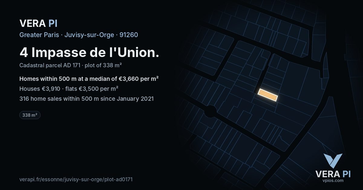 4 Impasse de l'Union, Juvisy-sur-Orge at night – the plot lit, the parcels around coloured by the prices near them