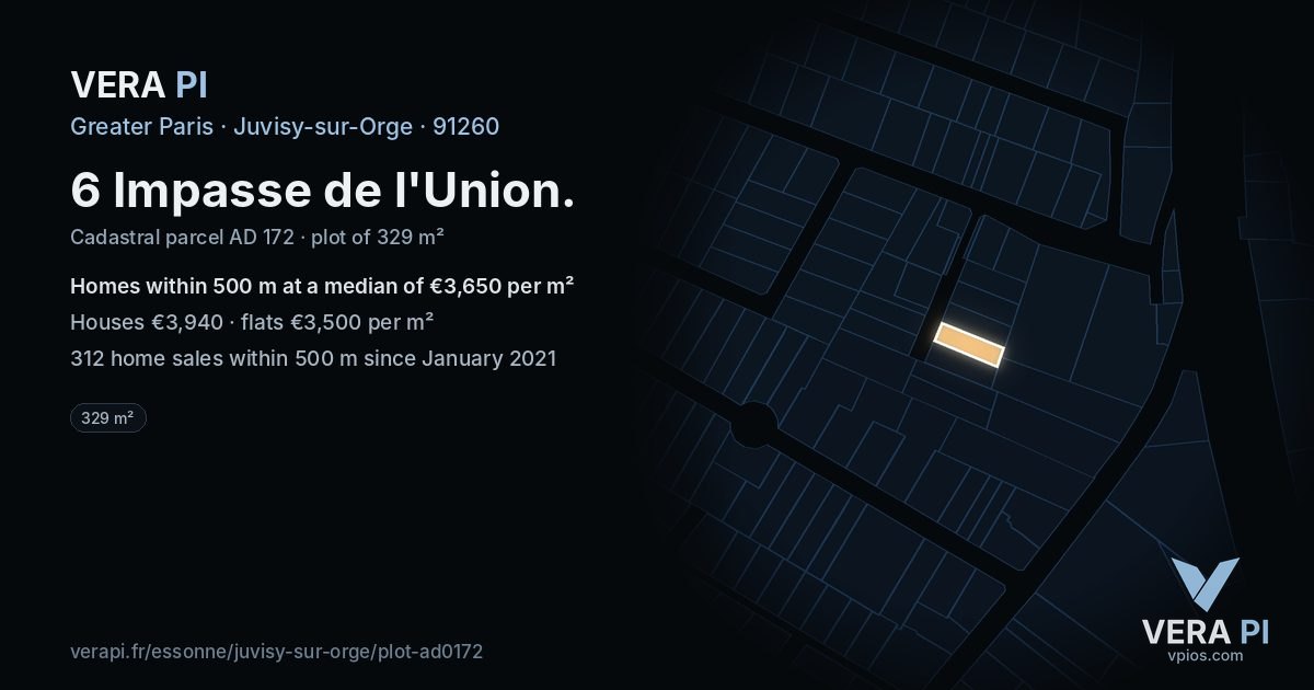 6 Impasse de l'Union, Juvisy-sur-Orge at night – the plot lit, the parcels around coloured by the prices near them
