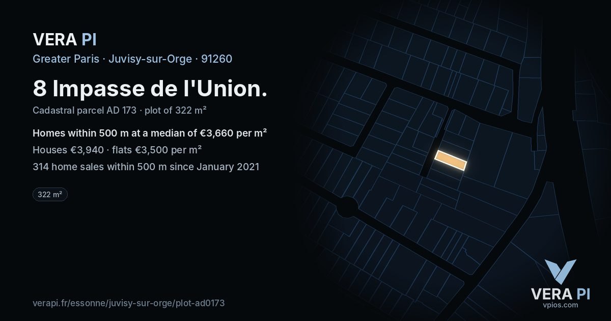 8 Impasse de l'Union, Juvisy-sur-Orge at night – the plot lit, the parcels around coloured by the prices near them