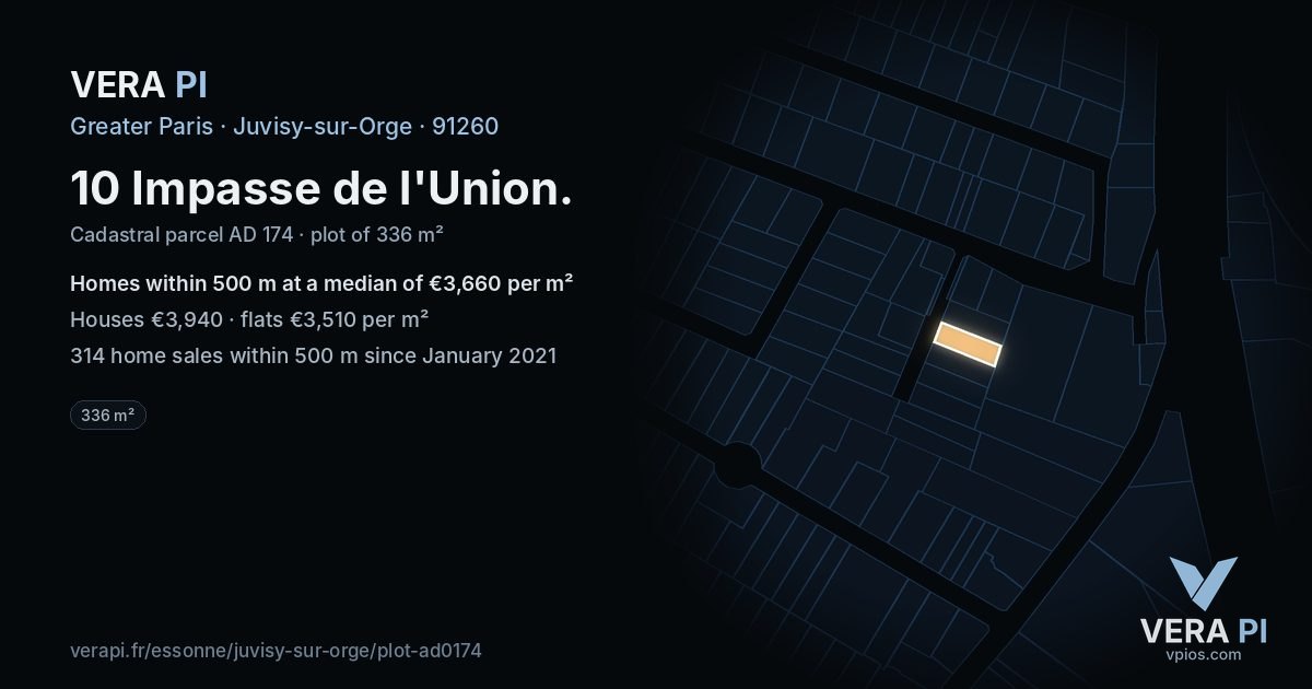 10 Impasse de l'Union, Juvisy-sur-Orge at night – the plot lit, the parcels around coloured by the prices near them