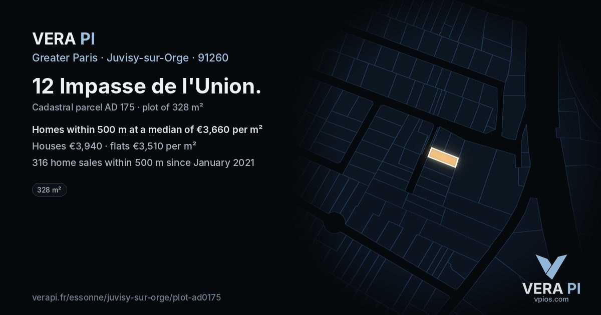 12 Impasse de l'Union, Juvisy-sur-Orge at night – the plot lit, the parcels around coloured by the prices near them