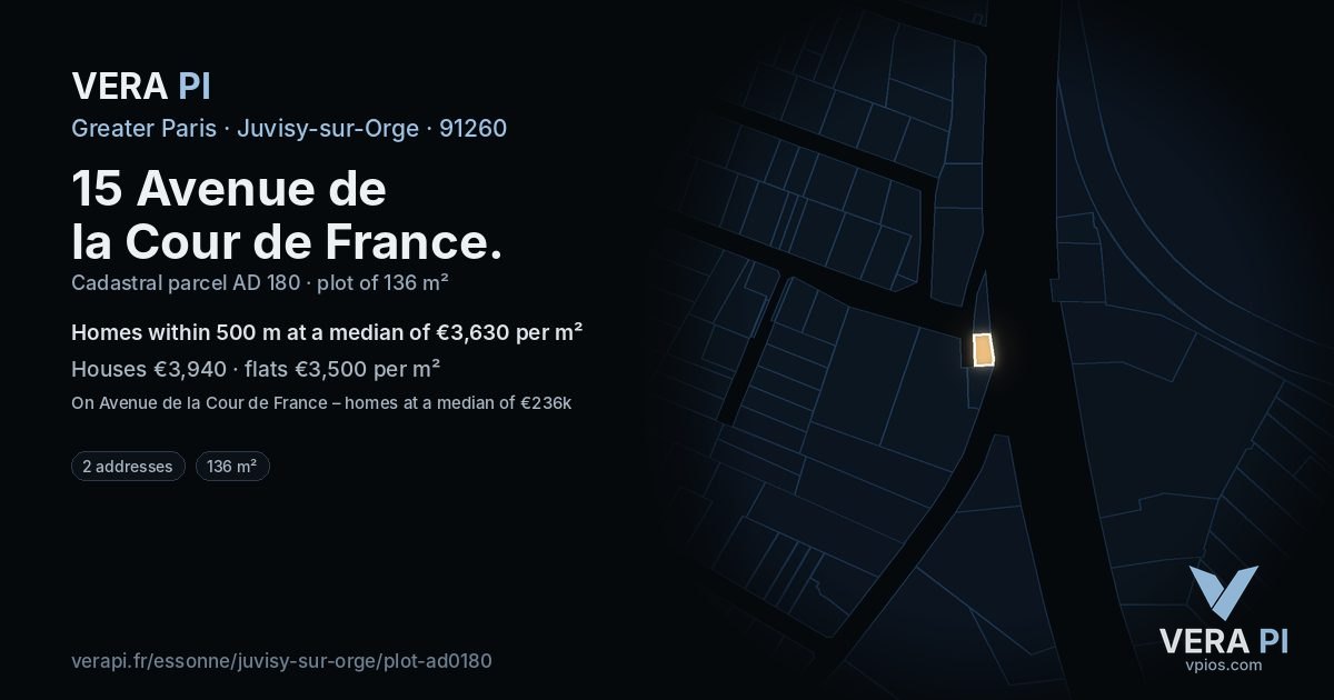 15 Avenue de la Cour de France, Juvisy-sur-Orge at night – the plot lit, the parcels around coloured by the prices near them