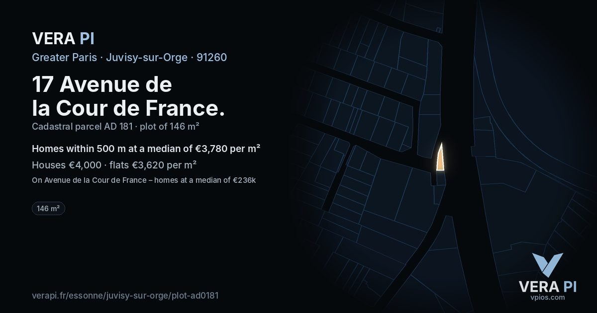 17 Avenue de la Cour de France, Juvisy-sur-Orge at night – the plot lit, the parcels around coloured by the prices near them