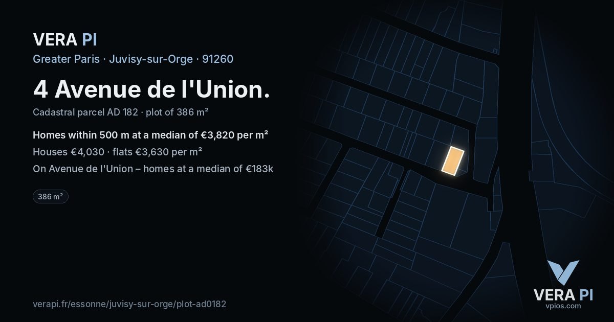 4 Avenue de l'Union, Juvisy-sur-Orge at night – the plot lit, the parcels around coloured by the prices near them