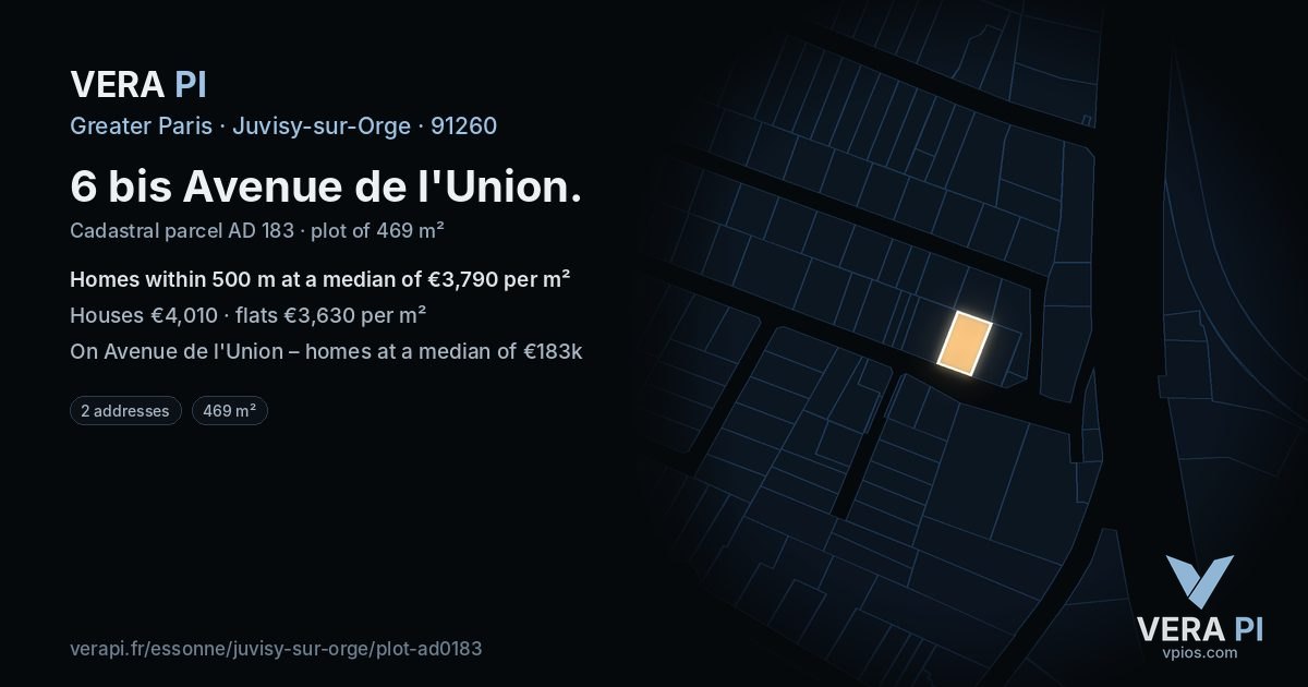 6 bis Avenue de l'Union, Juvisy-sur-Orge at night – the plot lit, the parcels around coloured by the prices near them