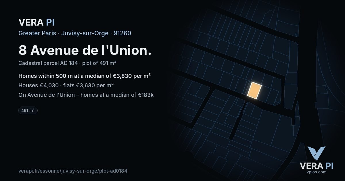 8 Avenue de l'Union, Juvisy-sur-Orge at night – the plot lit, the parcels around coloured by the prices near them