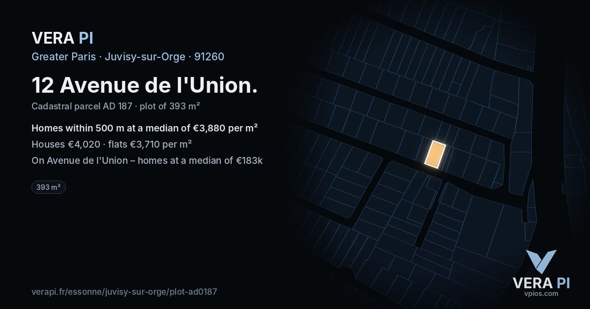 12 Avenue de l'Union, Juvisy-sur-Orge at night – the plot lit, the parcels around coloured by the prices near them