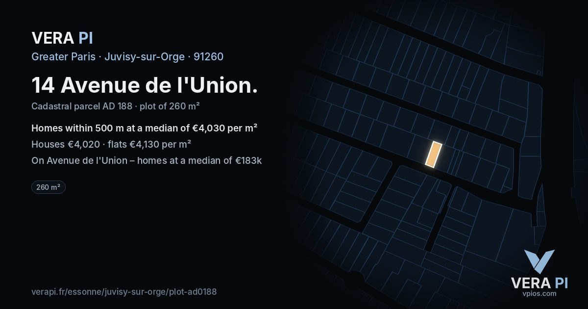 14 Avenue de l'Union, Juvisy-sur-Orge at night – the plot lit, the parcels around coloured by the prices near them