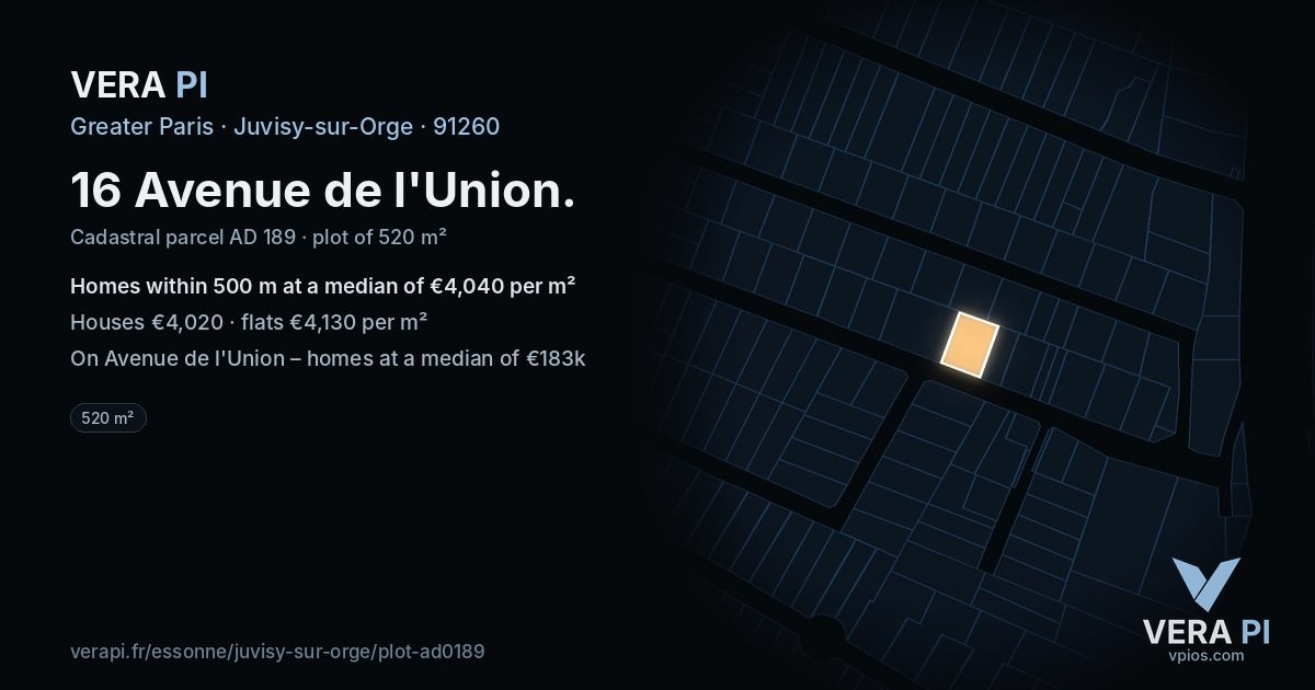 16 Avenue de l'Union, Juvisy-sur-Orge at night – the plot lit, the parcels around coloured by the prices near them