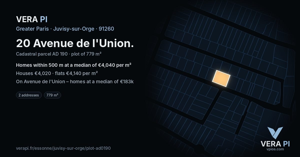 20 Avenue de l'Union, Juvisy-sur-Orge at night – the plot lit, the parcels around coloured by the prices near them