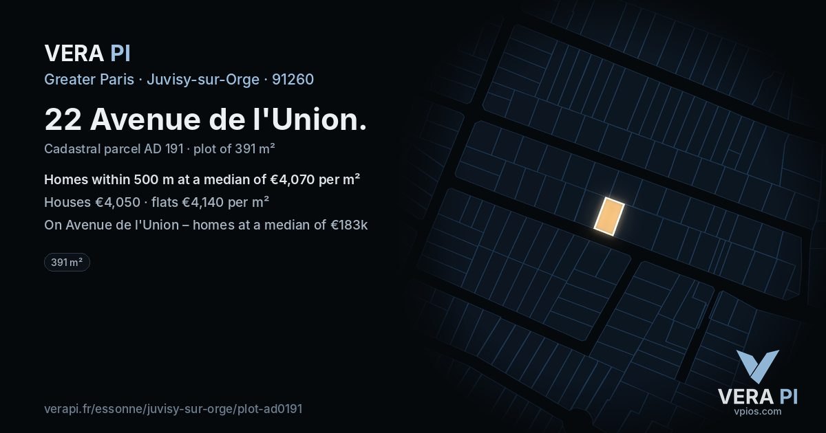 22 Avenue de l'Union, Juvisy-sur-Orge at night – the plot lit, the parcels around coloured by the prices near them