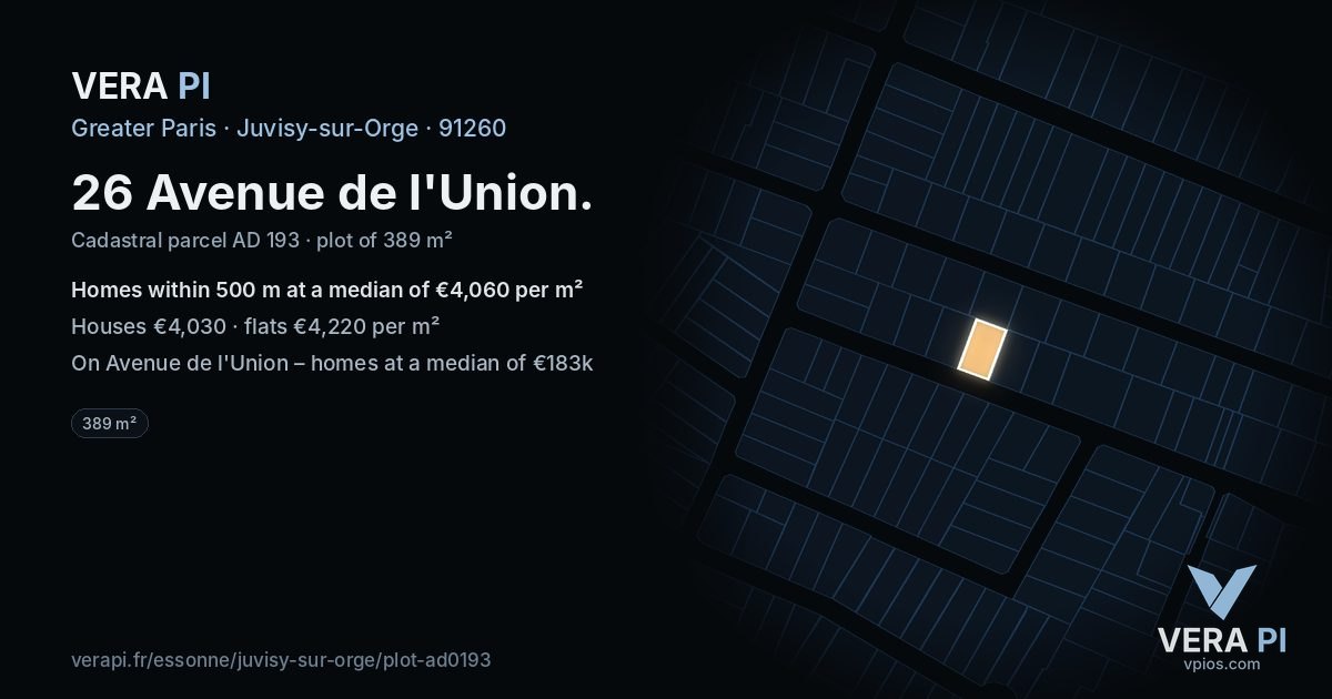 26 Avenue de l'Union, Juvisy-sur-Orge at night – the plot lit, the parcels around coloured by the prices near them