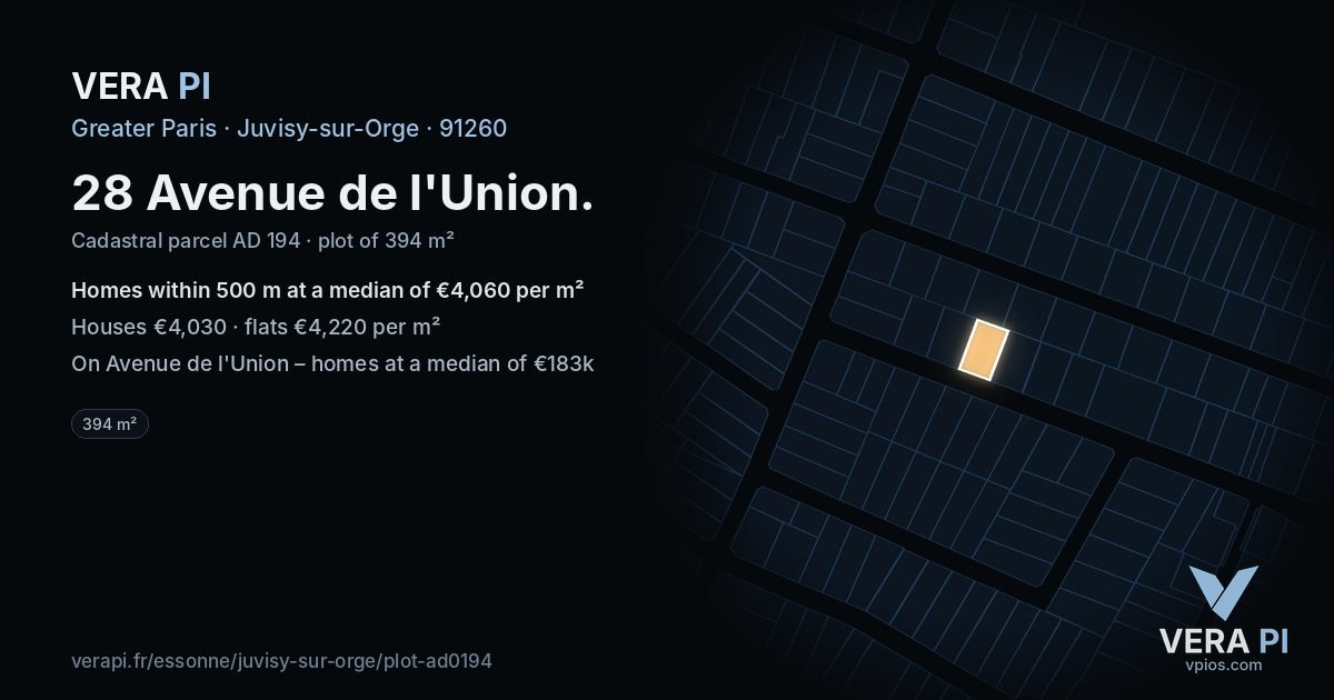 28 Avenue de l'Union, Juvisy-sur-Orge at night – the plot lit, the parcels around coloured by the prices near them