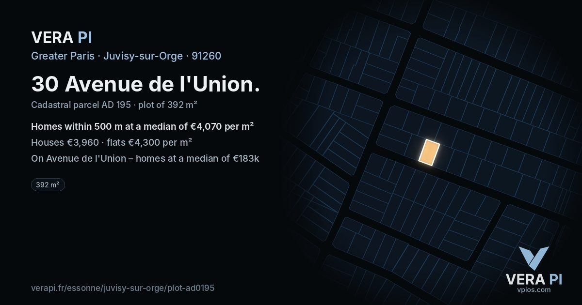 30 Avenue de l'Union, Juvisy-sur-Orge at night – the plot lit, the parcels around coloured by the prices near them