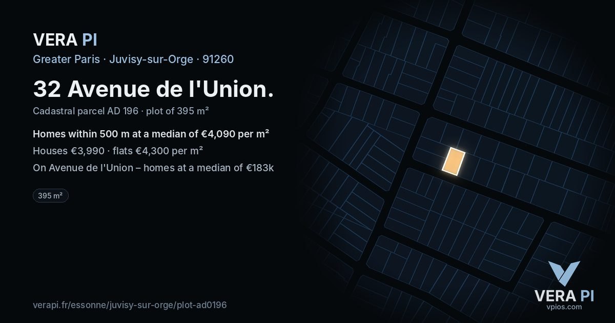 32 Avenue de l'Union, Juvisy-sur-Orge at night – the plot lit, the parcels around coloured by the prices near them