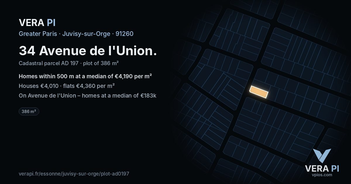 34 Avenue de l'Union, Juvisy-sur-Orge at night – the plot lit, the parcels around coloured by the prices near them