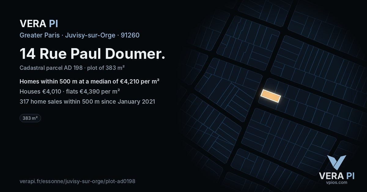 14 Rue Paul Doumer, Juvisy-sur-Orge at night – the plot lit, the parcels around coloured by the prices near them