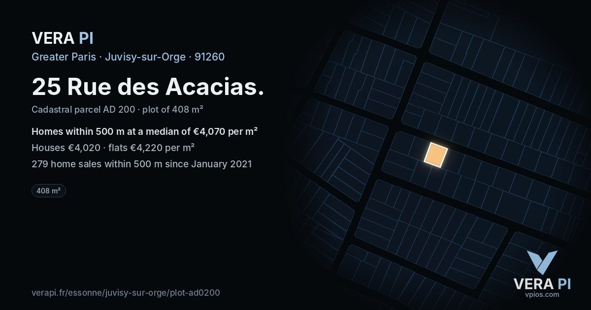 25 Rue des Acacias, Juvisy-sur-Orge at night – the plot lit, the parcels around coloured by the prices near them