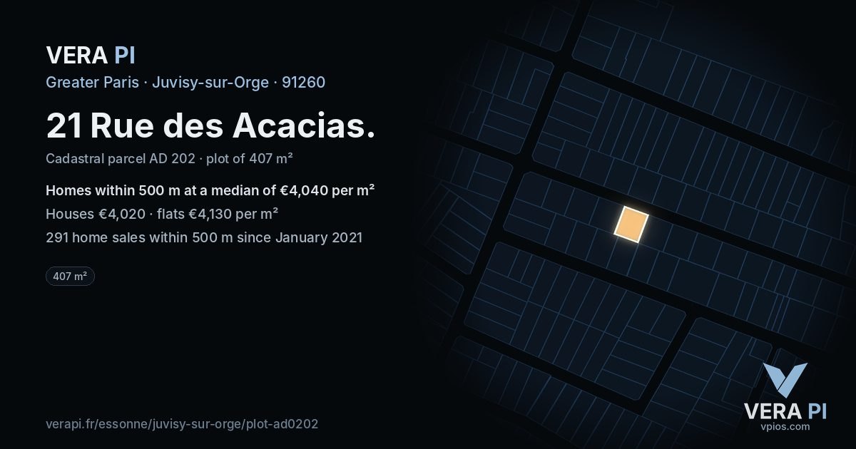 21 Rue des Acacias, Juvisy-sur-Orge at night – the plot lit, the parcels around coloured by the prices near them