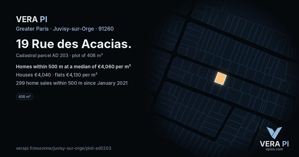19 Rue des Acacias, Juvisy-sur-Orge at night – the plot lit, the parcels around coloured by the prices near them