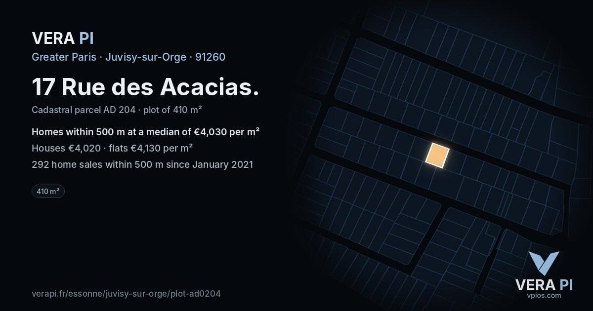 17 Rue des Acacias, Juvisy-sur-Orge at night – the plot lit, the parcels around coloured by the prices near them