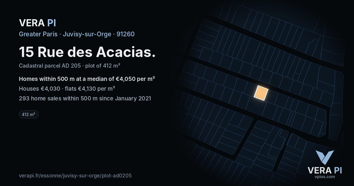15 Rue des Acacias, Juvisy-sur-Orge at night – the plot lit, the parcels around coloured by the prices near them