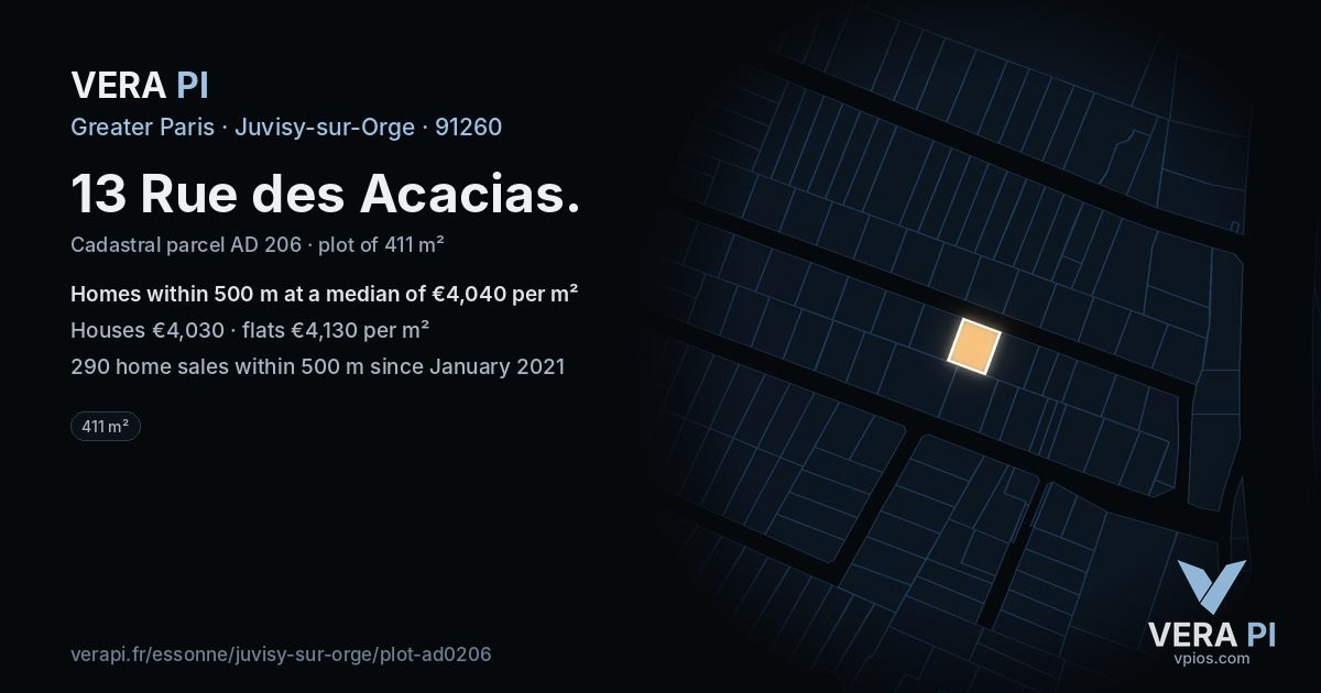 13 Rue des Acacias, Juvisy-sur-Orge at night – the plot lit, the parcels around coloured by the prices near them